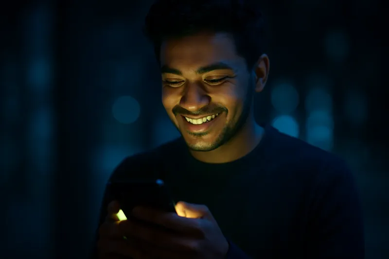 Young man smiling at smartphone with green and gold screen light