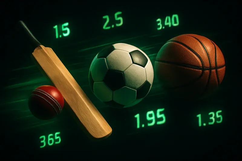 Dynamic sports montage with cricket bat, football, basketball and floating betting odds