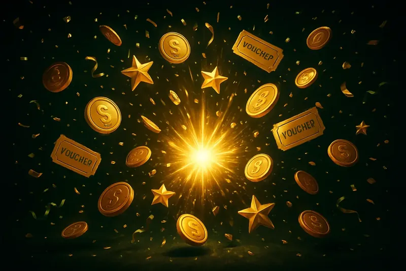 Explosion of rewards with golden coins, vouchers, stars and confetti on dark background