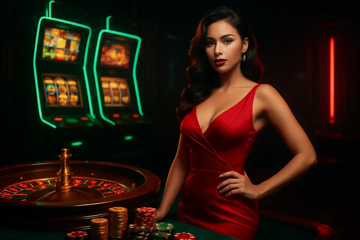 Premium Casino Banner Bangladesh casino banner with elegant woman in red dress near roulette and slot machines