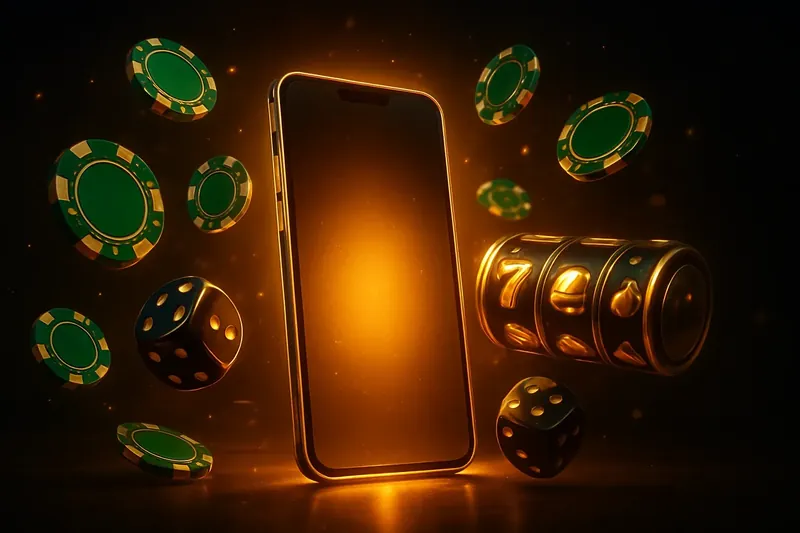 Panoramic banner with glowing smartphone, casino chips, slot reels, and dice