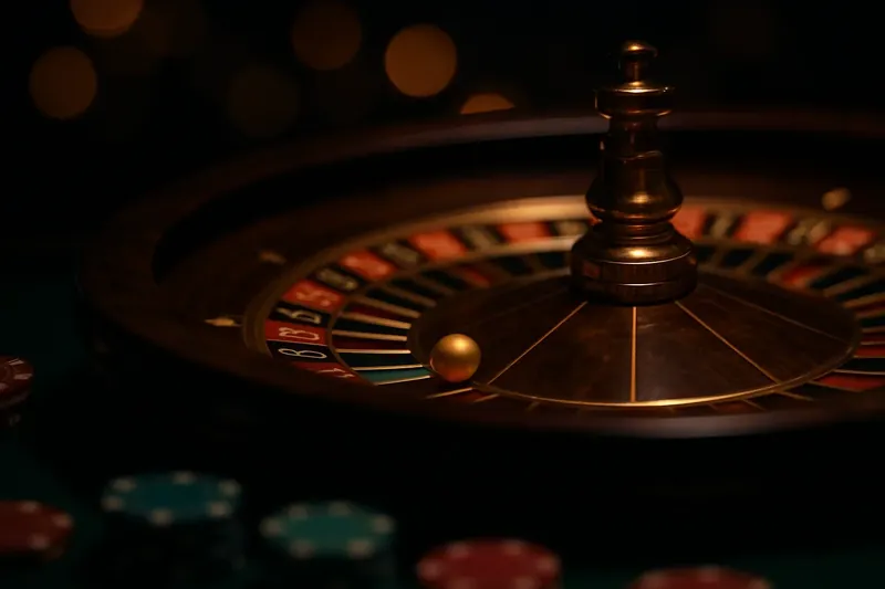 Close-up live roulette wheel spinning with golden ball and casino chips