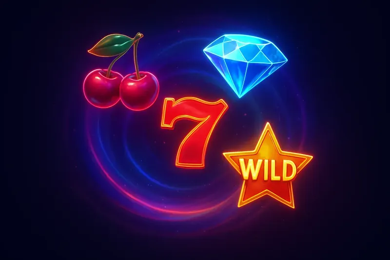 Colorful slot game symbols with neon glow on dark luxurious background